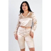 Satin Lace Details Long Sleeve Hooded Crop Top & Biker Short Set