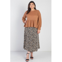 Plus Caramel Waffle Knit Back Button Detail Long Sleeve Top