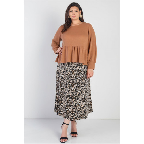 Plus Caramel Waffle Knit Back Button Detail Long Sleeve Top