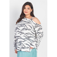 Plus White & Charcoal Zebra Flannel Cold Shoulder Long Sleeve Top