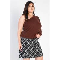 Plus Brown Ribbed Textured One Shoulder Top