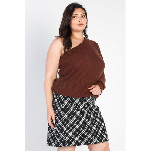 Plus Brown Ribbed Textured One Shoulder Top