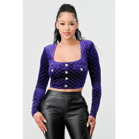 Lux Diamon Velvet Buttons Open Back Square Neck Long Sleeves Cropped Top