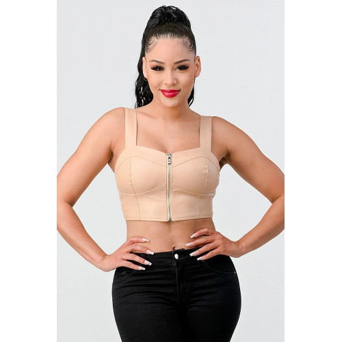 Lux Faux Leather Pu Zipup Strap Sleeveless Cropped Top