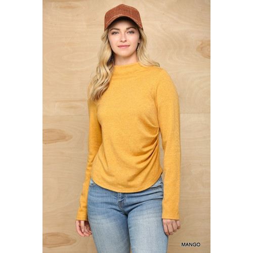 Solid And Cozy Soft Knit Mock Neck Top With Side Ruched Detail