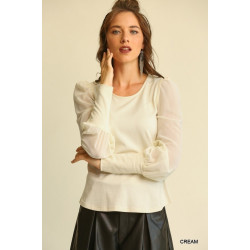 Solid Knit And Chiffon Mixed Top With Puff Long Sleeve