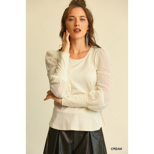 Solid Knit And Chiffon Mixed Top With Puff Long Sleeve