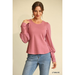 Solid Knit And Chiffon Mixed Top With Puff Long Sleeve