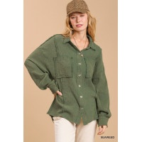 Mineral wash button down top with high low hem