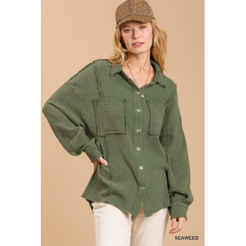 Mineral wash button down top with high low hem