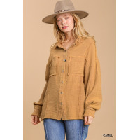 Mineral wash button down top with high low hem