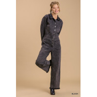 Mid button down stone wash wide leg distressed jumpsuit & side pockets with no lining