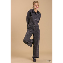 Mid button down stone wash wide leg distressed jumpsuit & side pockets with no lining