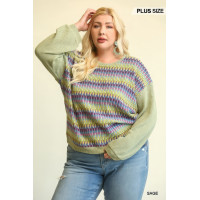 Novelty Knit And Solid Knit Mixed Loose Top With Drop Down Shoulder