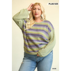 Novelty Knit And Solid Knit Mixed Loose Top With Drop Down Shoulder