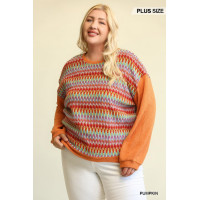 Novelty Knit And Solid Knit Mixed Loose Top With Drop Down Shoulder