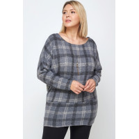 Boat Neck, Plaid Print Tunic Top, With Long Dolman Sleeves