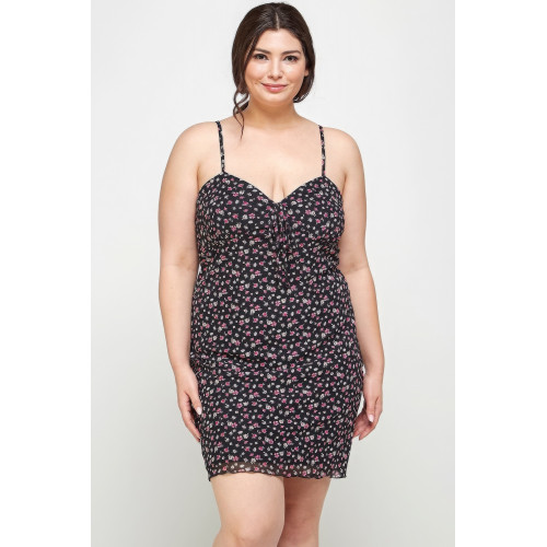 Plus Size Ditsy Floral Print On Mesh Fabric Cami Dress