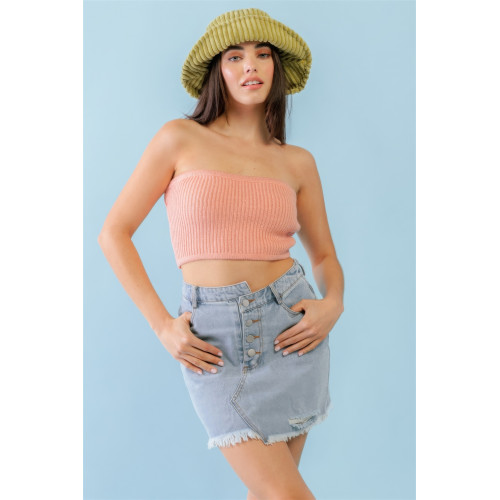 Dusty Peach Knit Strapless Crop Top