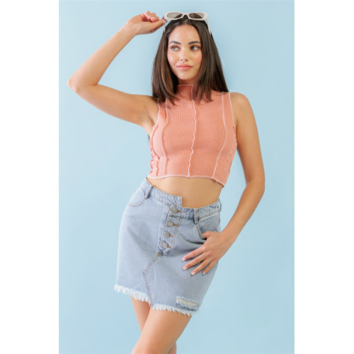 Dark Peach Ribbed Inside-out Sleeveless Mock Neck Crop Top