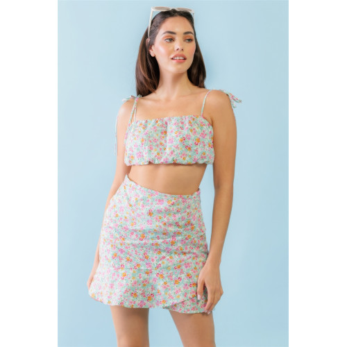 Mint Fuchsia Print Cotton Sleeveless Strappy Crop Top & High Waist Wrap Hem Mini Skirt Set
