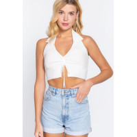 Halter Ruched Crop Sweater Knit Top
