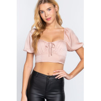 Short Slv Shirring Satin Crop Top