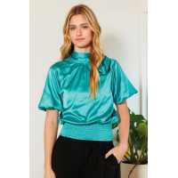 Waist Smocked Solid Satin Blouse
