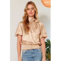 Waist Smocked Solid Satin Blouse
