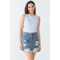 Baby Blue Chess Cage Print Cotton Blend Sleeveless Bodysuit
