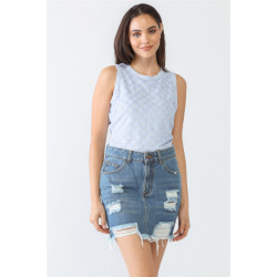 Baby Blue Chess Cage Print Cotton Blend Sleeveless Bodysuit