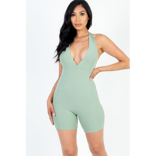 Casual Solid Halter V Neck Ribbed Bodycon Romper