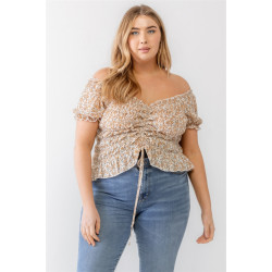Plus Floral Chiffon Ruched Smocked Off-the-shoulder Top