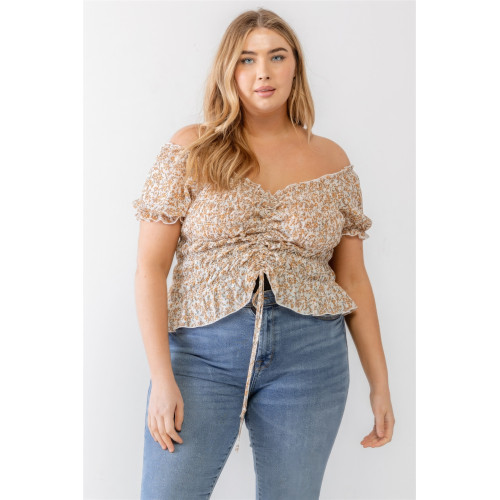 Plus Floral Chiffon Ruched Smocked Off-the-shoulder Top