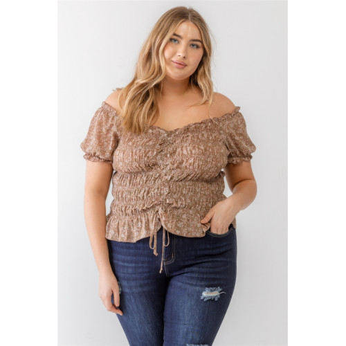 Plus Floral Chiffon Ruched Smocked Off-the-shoulder Top
