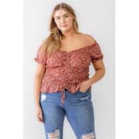 Plus Floral Chiffon Ruched Smocked Off-the-shoulder Top
