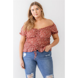 Plus Floral Chiffon Ruched Smocked Off-the-shoulder Top