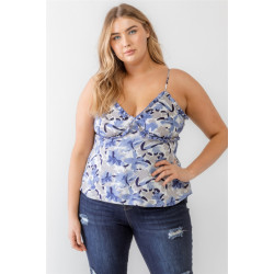 Plus Floral Print Woven Ruffle Sleeveless Back Zipper Tank Top