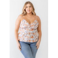 Plus Floral Print Woven Ruffle Sleeveless Back Zipper Tank Top