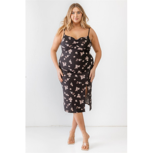 Plus Floral Ribbed Ruched Sleeveless Midi Dress