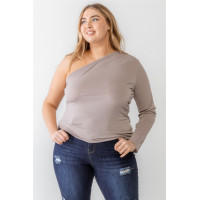 Plus Mocha Textured One Shoulder Top
