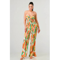 Luxe geo print satin bra top and palazzo jumpsuit