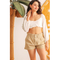Ivory Puff Long Sleeve Smocked Back Crop Top