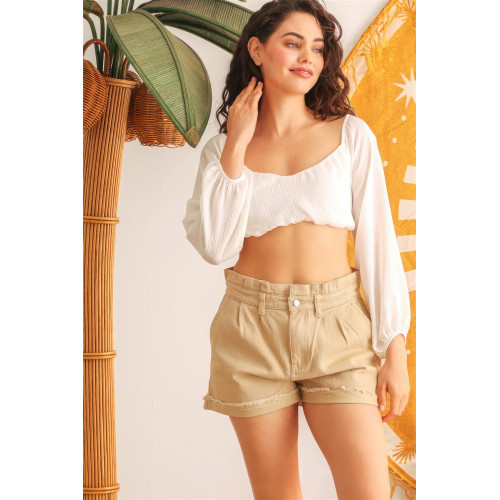 Ivory Puff Long Sleeve Smocked Back Crop Top