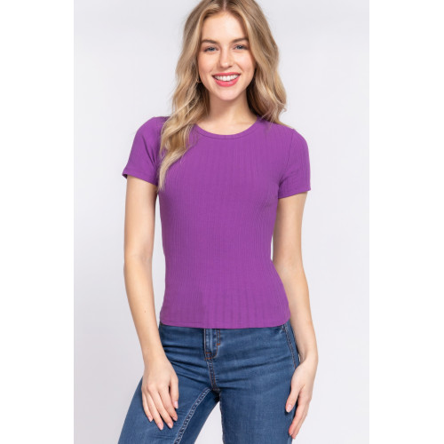 Short Slv Crew Neck Variegated Rib Knit Top