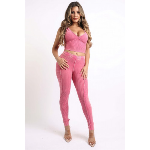 Mineral Washed Crop Top And Leggings Set