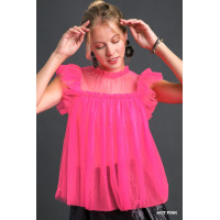 Mesh Ruffle Sleeve & Round Neck Top