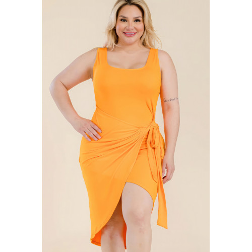 Plus Size Solid Wrap Front Tie Side Midi Dress