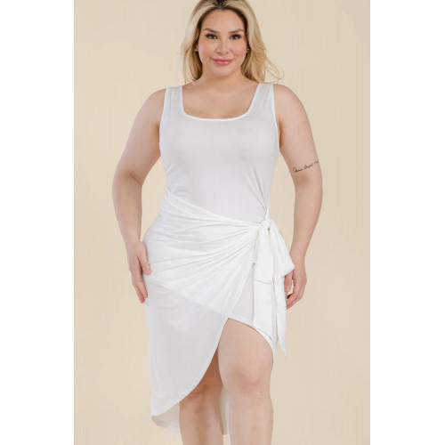Plus Size Solid Wrap Front Tie Side Midi Dress