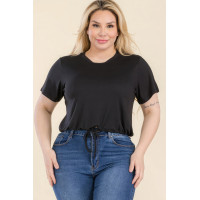 Plus Size Tie Front Drawstring Short Sleeve Crop Top